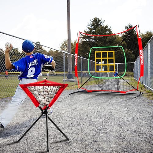ZONLOLO 6x6ft Portable Baseball & Softball Net for Hitting，Pitching and Throwing, with Sturdy Bow Frame,Battting Tee,Ball Caddy and 2 Strike Zones, Perfect Pitching net for Kids!