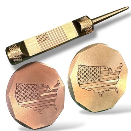 Golf Ball Markers and Golf Divot Tool 3 Piece Golf Gift Set - American Flag Engraved Copper Ball Marker and Brass Golf Ball Marker and Brass Divot Tool - Golf Accessories for Men