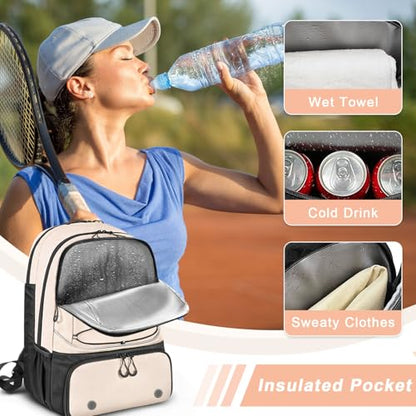 Arcoyard Tennis Bag Holds 2 Rackets, Professional Tennis Bags for Women, Tennis Backpack with Ventilated Shoe Compartment - color: Beige