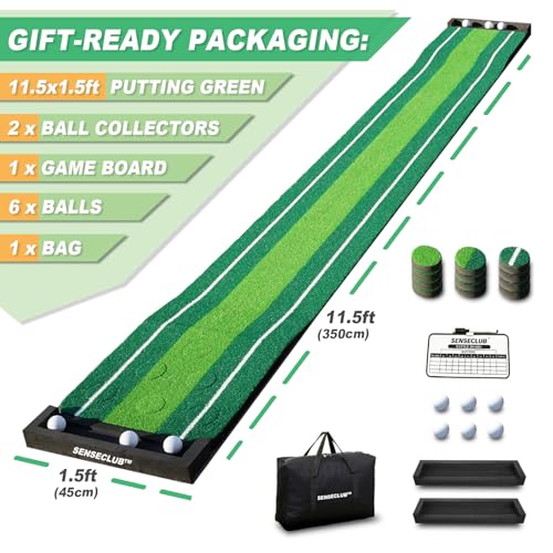 SENSECLUB Indoor Putting Green, Foldable Putting Mat Golf Game Set, Golf Gifts for Men with Ball-Collect System - style: Green Pro 12 caps (no putter)