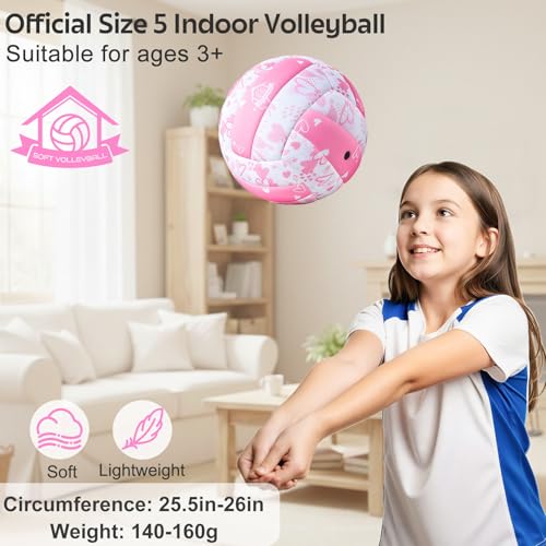Soft Indoor Volleyball, Cushioned Cover Training Ball for Beginners, Silent Indoor Volleyball with Pump, Lightweight Official Size 5 Volleyballs for House Games & Practice
