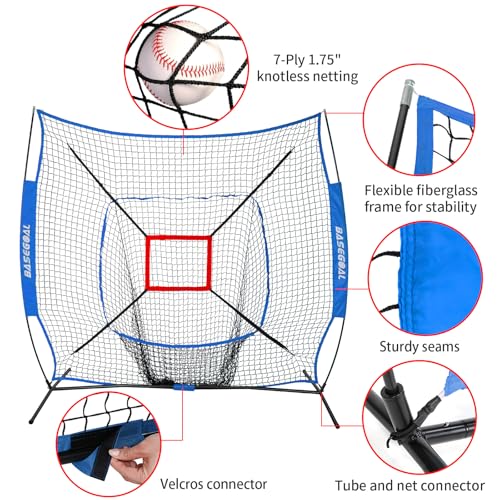 BaseGoal 7'×7' Baseball Softball Practice Net,Baseball Backstop,with Batting Tee,for Hitting Pitching Batting Catching with Bow Frame,Bonus Strike Zone - style: Blue-A
