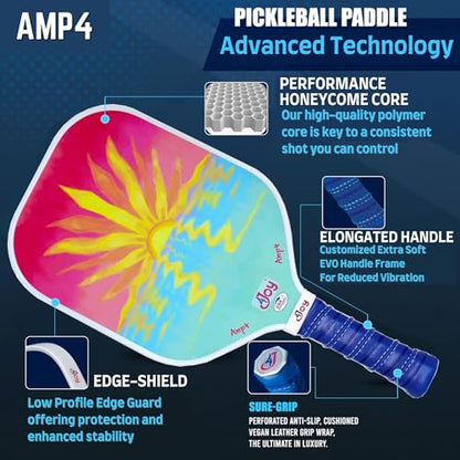 4Joy AMP4 Pickleball Paddle – T700 Carbon Fiber, Lightweight 7.5 oz, Wide Face for Control, 14mm Core, Beginner to Low-Intermediate - USAP Approved - style: Sunset