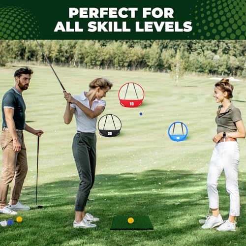 AuntyFey Golf Chipping Net, Golf Chipping Game, 3Pcs Pop-Up Golf Practice Net Backyard with 3 Targets, 15 Balls, 1 Hitting Mat, 1 Storage Bag, Indoor Outdoor Game Gift(Golf Clubs not Included)