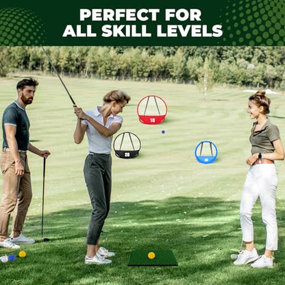 AuntyFey Golf Chipping Net, Golf Chipping Game, 3Pcs Pop-Up Golf Practice Net Backyard with 3 Targets, 15 Balls, 1 Hitting Mat, 1 Storage Bag, Indoor Outdoor Game Gift(Golf Clubs not Included)