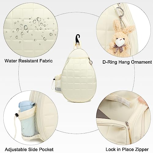 Rejolly Tennis Racket Sling Bag for Women Men Quilted Water Resistant Racquet Cover One Shoulder Crossbody Bag for 2 Tennis Rackets, Pickleball Paddles, Badminton Racquet - color: New Cream White