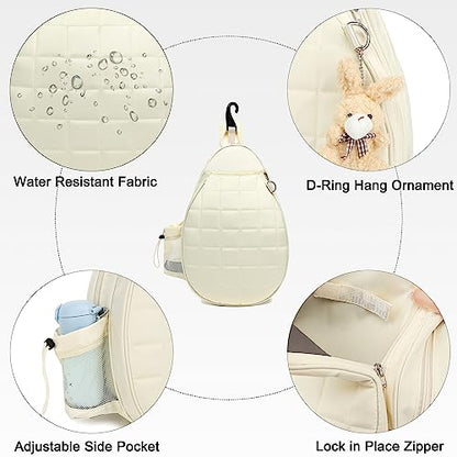 Rejolly Tennis Racket Sling Bag for Women Men Quilted Water Resistant Racquet Cover One Shoulder Crossbody Bag for 2 Tennis Rackets, Pickleball Paddles, Badminton Racquet - color: New Cream White