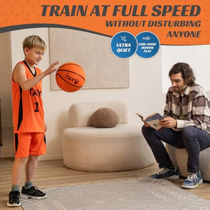 Silent Basketball Size 7 (29.5") - Airless High Bounce Indoor Foam Training Kit | Quiet Dribbling Ball for Apartments | Includes 24 Skill Challenge Cards + Stickers
