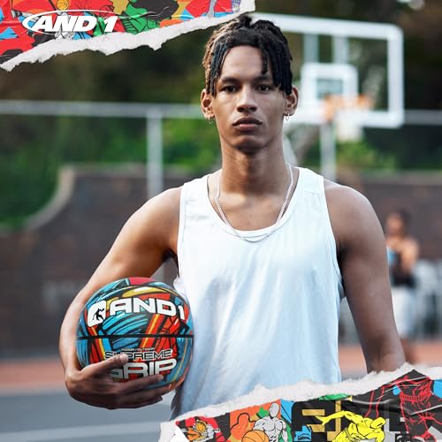 AND1 Supreme Grip Official Regulation Size 7 (29.5 inches) Rubber Basketball - Deep Channel Construction Streetball, Made for Indoor Outdoor Games