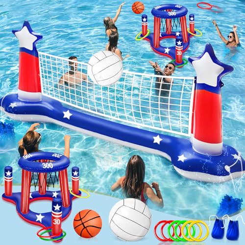 4th of July Pool Games Set, Volleyball Net & Basketball Hoop & Ring Toss, 250th Anniversary 3-in-1 Large Inflatable Water Sport Game Toys for Multi-Player Adults American Flag Swimming Summer Party