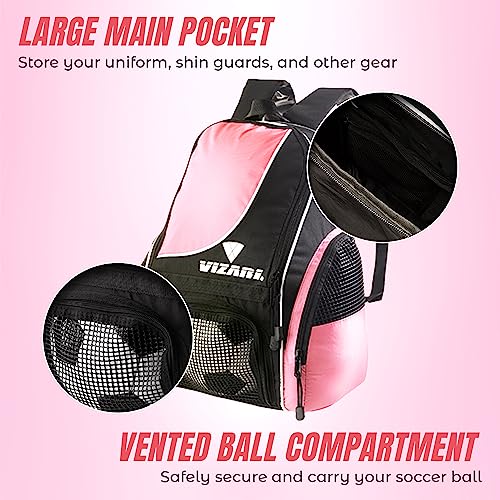 Vizari Solano Soccer Backpack With Ball Compartment and Vented Ball Pocket and Mesh Side Cargo Pockets for Adults and Teens - color: Pink