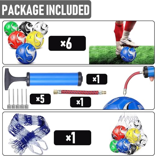 6 Pack Size 5/4/3 Soccer Balls for Training & Matches – Official Size & Weight, Includes Carry Net, Needles, Air Pump – Ideal for Youth and Adult Players - size: Size4