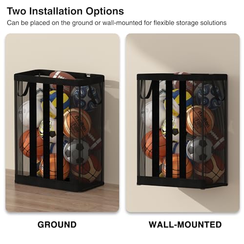 STO STO Ball Storage Basket, Wall-Mounted or Freestanding Garage Ball Organizer Holder, Holds up to 15 Balls, Sports Equipment Organizer with Elastic Front Access for Garage, Gym, Playroom, Black