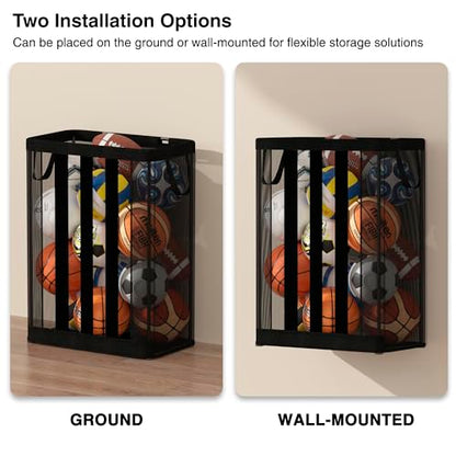 STO STO Ball Storage Basket, Wall-Mounted or Freestanding Garage Ball Organizer Holder, Holds up to 15 Balls, Sports Equipment Organizer with Elastic Front Access for Garage, Gym, Playroom, Black