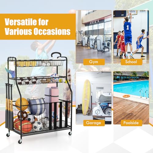 GYMAX Garage Sports Equipment Organizer, Ball Storage with Basket, Hooks, Lockable Wheels, Rolling Toy Storage Cart for Golf Bag Bats Football Sports Gear