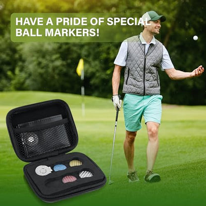 SANDIAN [Full Set], Golf Ball Markers Carbon Fiber T800 Set with Genuine Black Leather Belt Clip Tee Holder Pouch, Magnetic Hat Clips, Storage Case [Black Leather]