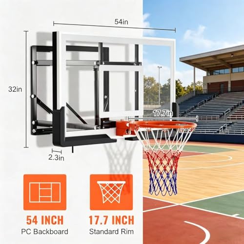 54" Wall Mount Basketball Hoop with Shatterproof PC Backboard, 6.6FT-10FT Height Adjustable, Professional Breakaway Rim & Steel Reinforced Construction, Ideal for Slam Dunks