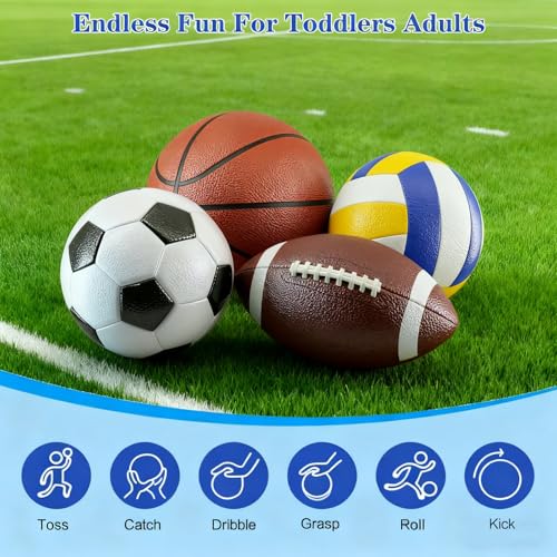 4 Pcs Sport Balls Set Include Official Size 7 Basketball 9 Football 5 Volleyball 5 Soccer with Bag Pump Sports Equipment for Adults Back to University School Ball Gift