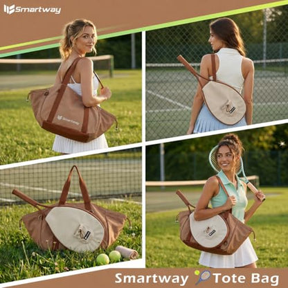 Smartway Pickleball Tote Bag for Women, Stylish Tennis Bag with Detachable Paddle Pocket, Waterproof Large Capacity Court Shoulder Bag for Gym, Daily & Weekend Trips, Men Ideal Pickleball Gifts - color: Brown
