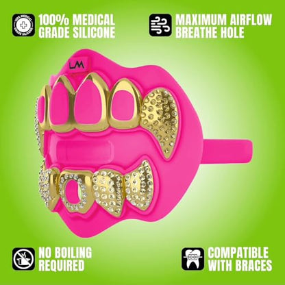 Loudmouth Football Mouth Guard - 3D Chrome Grillz Football Mouthpiece, Fits Adult & Youth, Mouth Guard Accessories (3D Grillz Bling - Fluorescent Pink) - color: 3d Grillz Bling - Fluorescent Pink