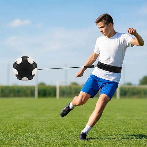 Soccer Training Equipment, Solo Soccer Kick Trainer with Reinforced Connection Points, Anti-Snap Practice Aid with Adjustable Waist Belt, Fits Ball Size 3 4 5, Multi-Sport Trainer for Soccerball