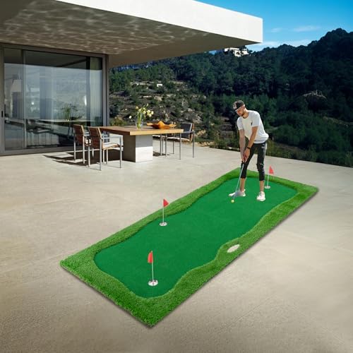 Golf Putting Green Mat, Large Professional Golf Training Mat with 3 Holes, 3 Flags,1 Movable Cup and 2 Slope Pad for Indoor Outdoor Putting Practice - size: 5x10 ft