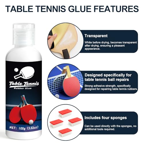 100ml Table Tennis Glue, Racket Adhesive for Rubber Replacement and Blade Maintenance, Ping Pong Paddle Glue with Sponge Applicators for Smooth Assembly