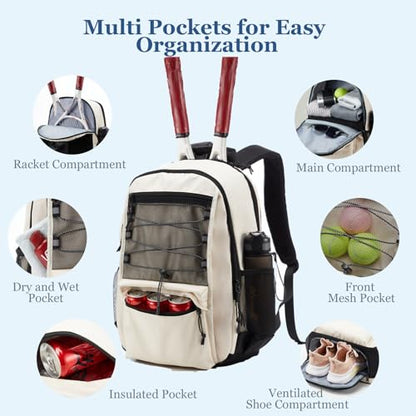 Tennis Bag, Tennis Backpack for Women Men 2 Rackets with Insulated Pocket Shoe Compartemnt for Pickleball Tennis - color: Beige