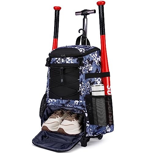 Softball Bag, Baseball Rolling Bat Bag - Wheeled for Youth Girls Adult, Lightweight Equipment Backpack With Shoe Compartment, Fence Hook for TBall, Helmet