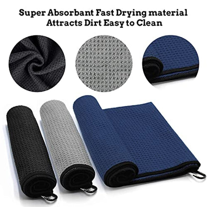 Golf Towel Microfiber Waffle Pattern Golf Towel | Brush Tool Kit with Club Groove Cleaner | Golf Divot Tool | Golf Accessories for Men - color: Navy