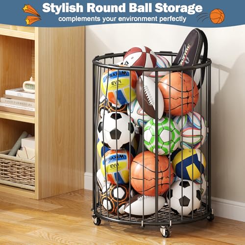 Hencawima Garage Ball Storage: Round Sports Equipment Organizer with Wheels, Sports Ball Rack With Elastic Rope, Ball Holder for Basketball, Soccer, Volleyball, Football, Garage, Gym, Outdoor (Black)