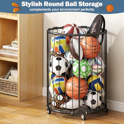 Hencawima Garage Ball Storage: Round Sports Equipment Organizer with Wheels, Sports Ball Rack With Elastic Rope, Ball Holder for Basketball, Soccer, Volleyball, Football, Garage, Gym, Outdoor (Black)