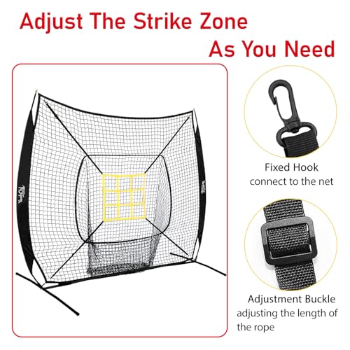 7x7 Ft Baseball and Softball Training Net with Batting Tee, Strike Zone Target, Portable Hitting and Pitching Practice Set - color: Black