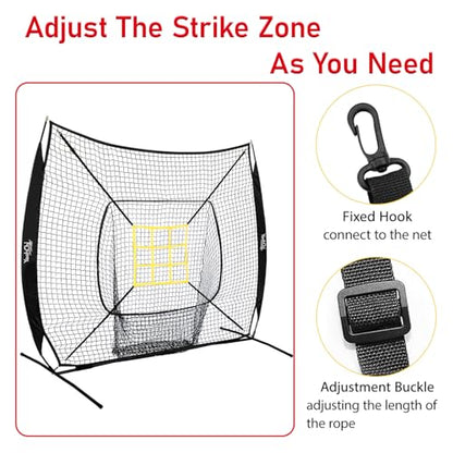 7x7 Ft Baseball and Softball Training Net with Batting Tee, Strike Zone Target, Portable Hitting and Pitching Practice Set - color: Black