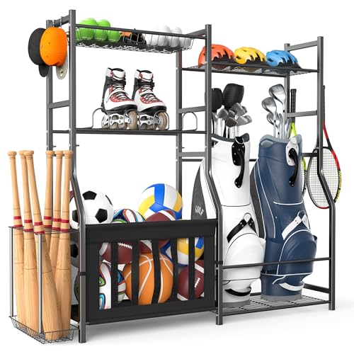 TORACK Golf Bags Stand with Ball Storage, Large Capacity Garage Sports Equipment Organizer, Indoor Toys Storage