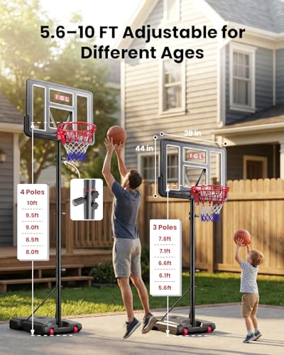 IGL Portable Basketball Hoop, 5.6-10FT Adjustable Basketball Goal System, 40/44 Inch Outdoor Basketball Hoop & Goals for Kids, Youth, and Adults in The Backyard, Driveway with PC Backboard - color: Gloss Black