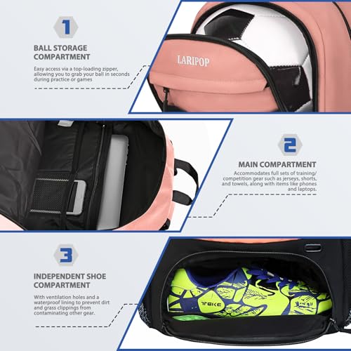 LARIPOP Soccer Backpack with Ball Holder & Shoe Compartment Large Capacity Youth Sports Bag for Training - color: Flesh Pink