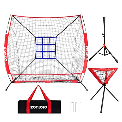 ZONLOLO 6x6ft Portable Baseball & Softball Net for Hitting，Pitching, Batting and Throwing, with Sturdy Bow Frame,Batting Tee, Ball Caddy and Strike Zone, Middel Size, Great for Kids!