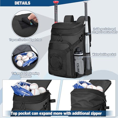 Smasrob Baseball Bag for Adult and Youth, Baseball Backpack Softball Bag with Helmet Holder, Shoe Compartment and Fence Hook - color: Black