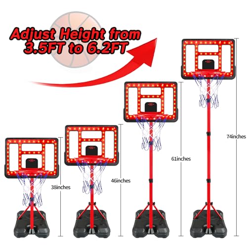 Kids Basketball Hoop Adjustable Height 3.5FT-6.2FT, Indoor & Outdoor Toddler Basketball Hoop with Scoreboard & LED, Boys Basketball Toy for 3 4 5 6 7 8 Years Gift, Portable Basketball Goals Sport Game