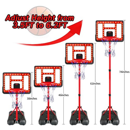 Kids Basketball Hoop Adjustable Height 3.5FT-6.2FT, Indoor & Outdoor Toddler Basketball Hoop with Scoreboard & LED, Boys Basketball Toy for 3 4 5 6 7 8 Years Gift, Portable Basketball Goals Sport Game