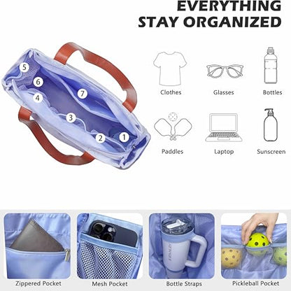 Pickleball Bag for Women Stylish Nylon Tote Fits 2 Paddle, Ball, Gear, Utility Shoulder Handbag for Sports - color: Blue