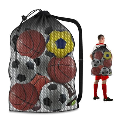 Extra Large Mesh Ball Bag, Heavy Duty Drawstring Storage Bag, 40" x 30" Hold 10-12 Soccer Basketball Volleyball Football, Adjustable Shoulder Strap, Ideal for Coaches, Team, Swimming Gear