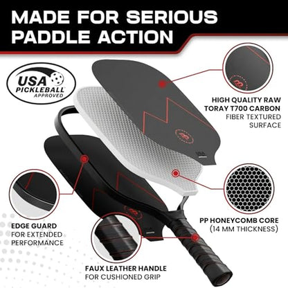 Precision Pro Carbon Fiber Pickleball Paddles Set of 2 — USAPA Approved, T700 Carbon, 14mm Honeycomb Core, 4 Indoor Outdoor Balls, Carry Bag, Pickleball Set for Beginners and Intermediate Players