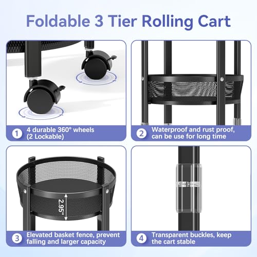 TOOLF 3-Tier Foldable Rolling Cart, Collapsible Metal Utility Cart with Wheels, Assembly-Free, Round Storage Organizer Trolley for Kitchen, Bathroom, Dorm, Nursery, Black