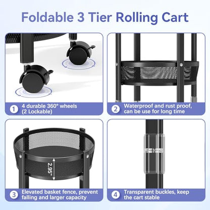 TOOLF 3-Tier Foldable Rolling Cart, Collapsible Metal Utility Cart with Wheels, Assembly-Free, Round Storage Organizer Trolley for Kitchen, Bathroom, Dorm, Nursery, Black