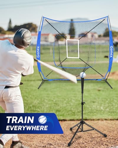 Gonex 7' x 7' Baseball Softball Practice Net Set with Batting Tee for Hitting and Pitching Batting, Practice Training Aid, with Strike Zone, Large Mouth, Bow Frame, Carrying Bag - style: Royal Net w Black Tee