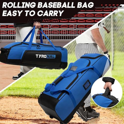 Baseball Bag with Wheels for 4 Bats,Soft Rolling Baseball Bag With Multi-Pockets, Fence Hook, Holds All Baseball Equipment. - color: Blue/Blk