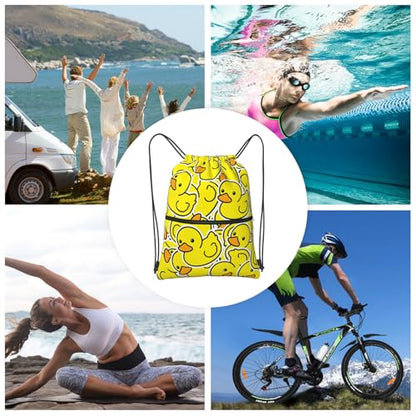 Yellow Duck Drawstring Bag, Waterproof Drawstring Bckpack for Gym Sports Birthday Party Gift, Women Men Sackpack Bag with Front Zipper Pocket and Inside Zipper Pocket - color: Yellow Duck