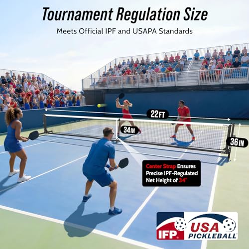 Tournament Pickleball Net, IFP/USAPA Standards 22FT Regulation Size, Rust-Resistant Aluminum Frame with Hand-Crank Tension System for Semi-Permanent or Mobile Court Use